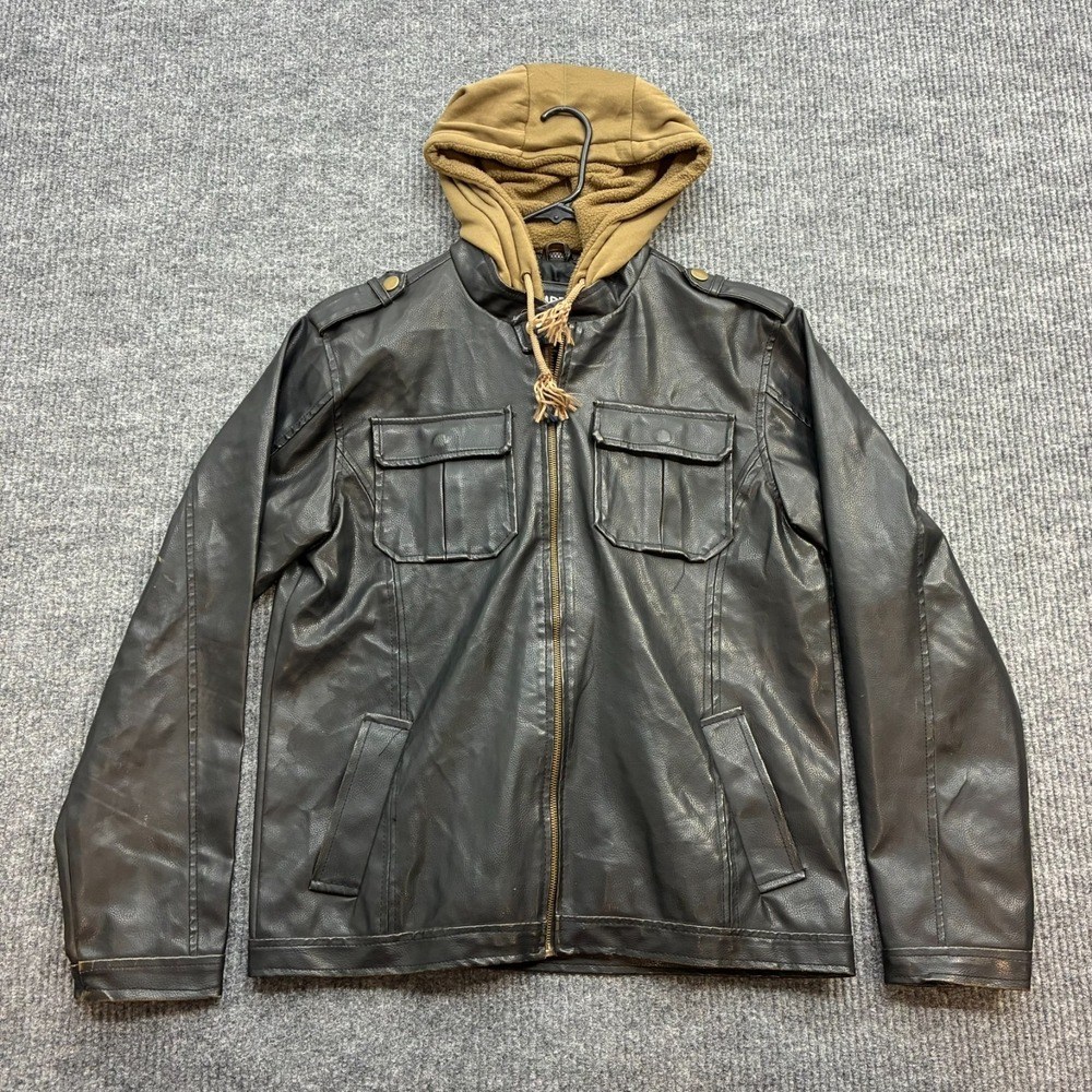 Carbon Mens Medium Black Faux Leather Jacket Hooded Moto Military Utility Coat